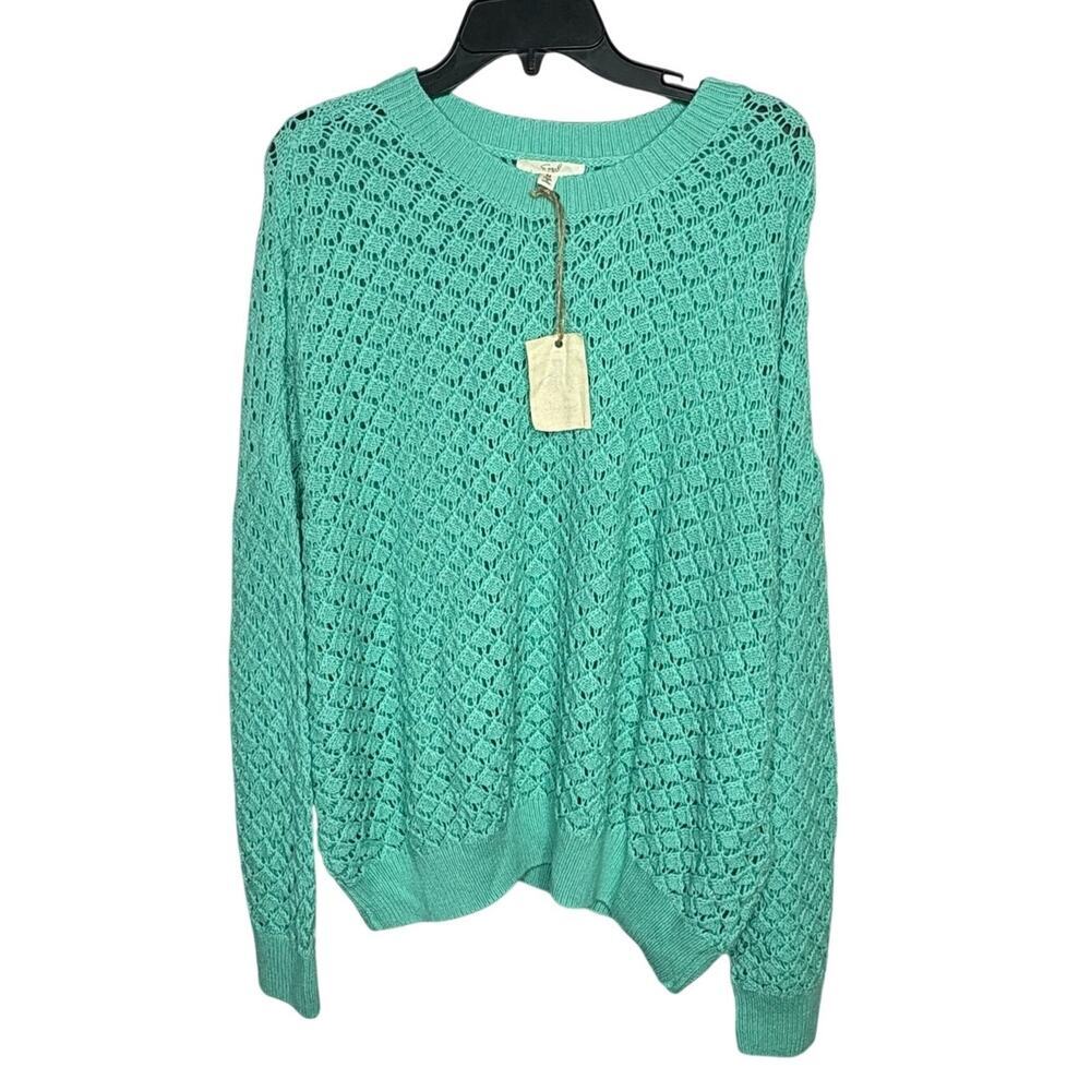 Easel 100% Cotton Open Weave Crew Neck Mint Green Long Sleeve Sweater Medium New